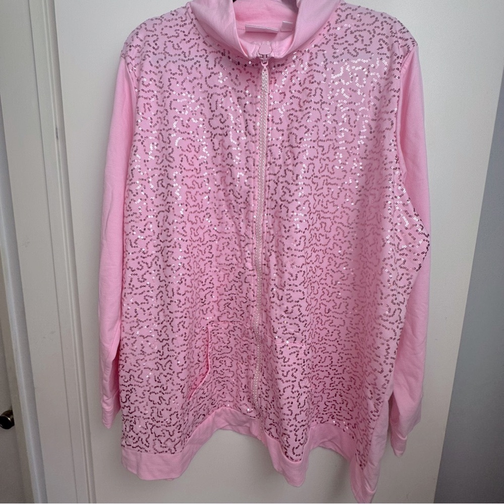 Quaker Factory Light Pink Sparkly Sequin Faux Diamond Zipper Front‎ Jacket 3X